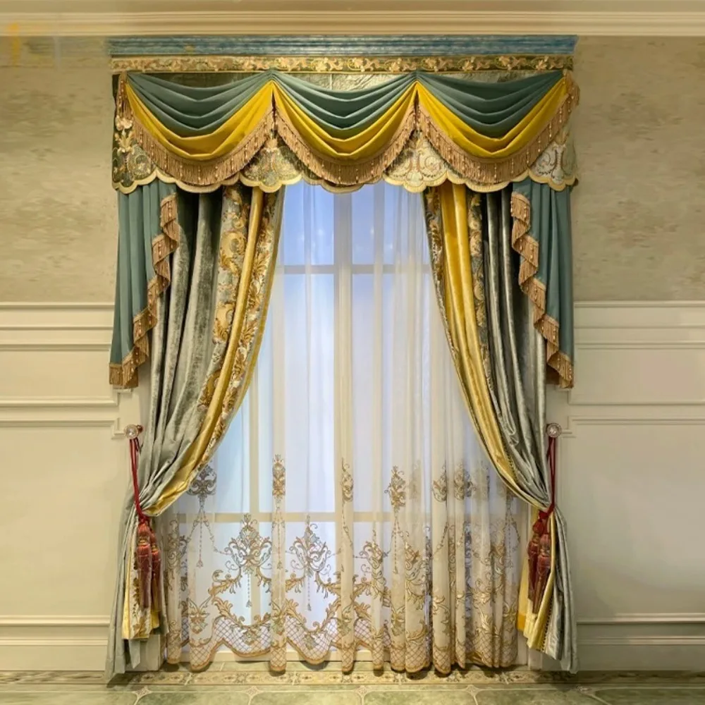 New European Upscale Gold Blue Velvet Embroidery Patched Curtains for Living Room Bedroom French Window Villa Valance