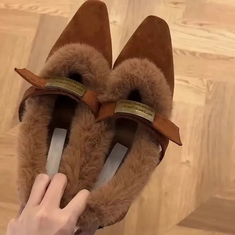 

Furry Women's Mary Janes Shoes High Heels Square Toe Plush Snow Boots 2025 Winter Warm Cotton Shoes Elegant Pumps Mujer Zapatos