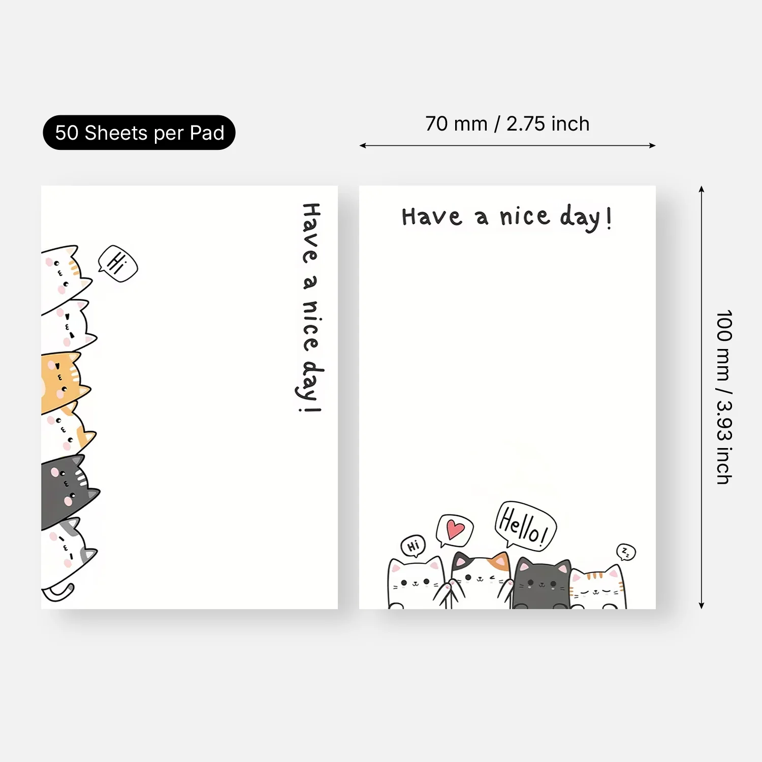 2pcs Cute Cat Sticky Notes, Kawaii Animal Self Stick Memo Pads, 100 Sheets Total, “Have a Nice Day” Positive Quote Notepad