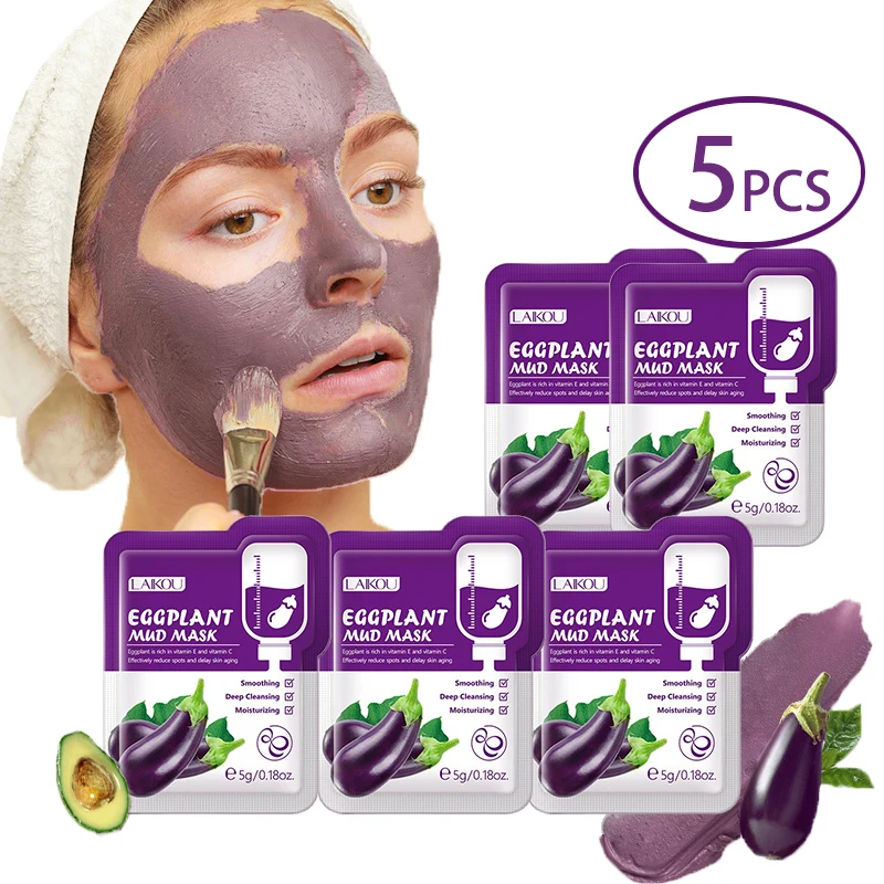 5pcs LAIKOU Eggplant Mud Mask Oil Control Moisturizing Anti-Acne  Anti Wrinkle Whitening Cleansing Clay Mask Skin Care Face Mask