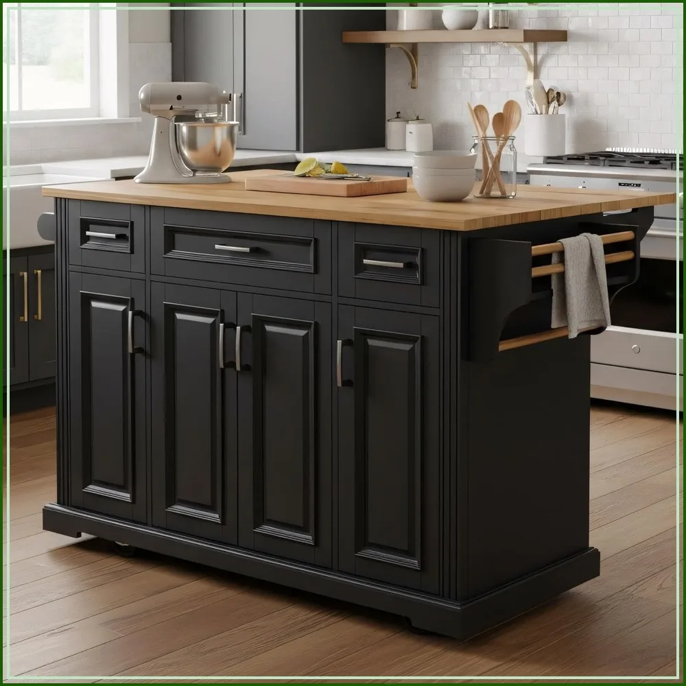 Large Kitchen Island with Rubber Wood Drop Leaf and Silver Handle