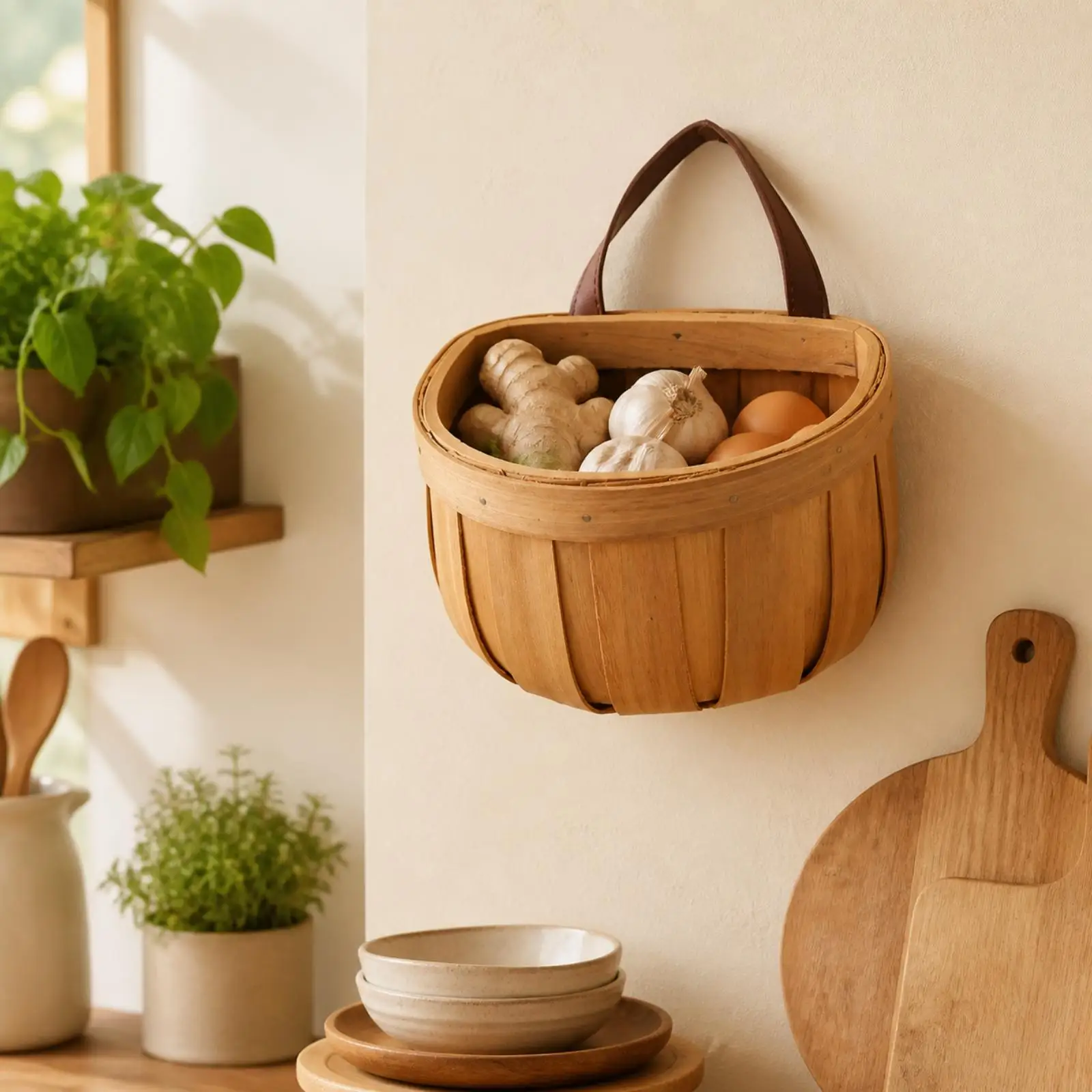 Pumpkin Shaped Wooden Wall Hanging Basket with Leather Handle for Kitchen Storage Organizer view 4