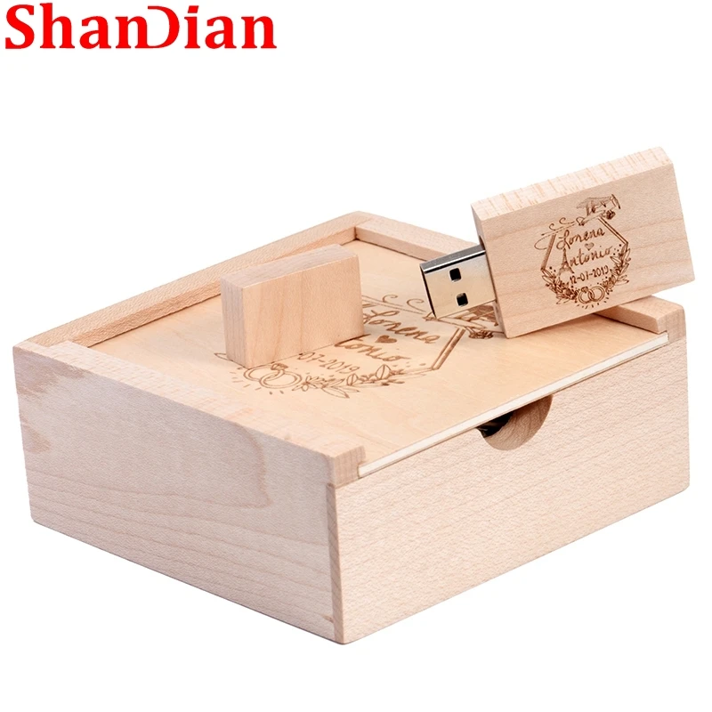 SHANDIAN Wooden Photo Album USB Flash Drive 128GB Free Customized Logo Pen Drive Wedding Gift Box Memory Stick (105*105*40mm)