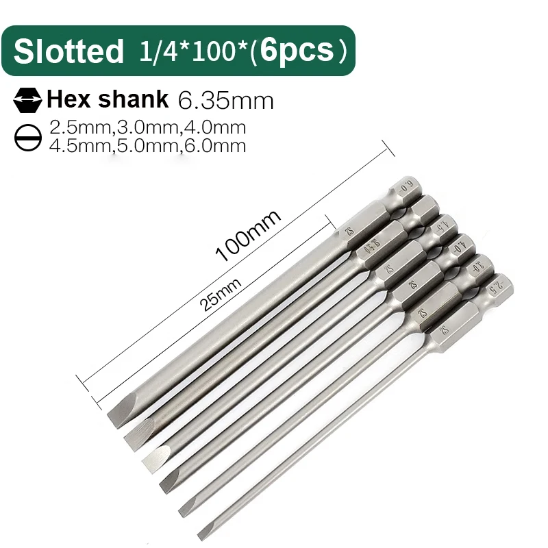 

6PCS/set 100mm Length Magnetic 1/4 inch Hex shank Flat Head Slotted Tip Screwdrivers drill Bits Hand Tools 2.5mm to 6mm