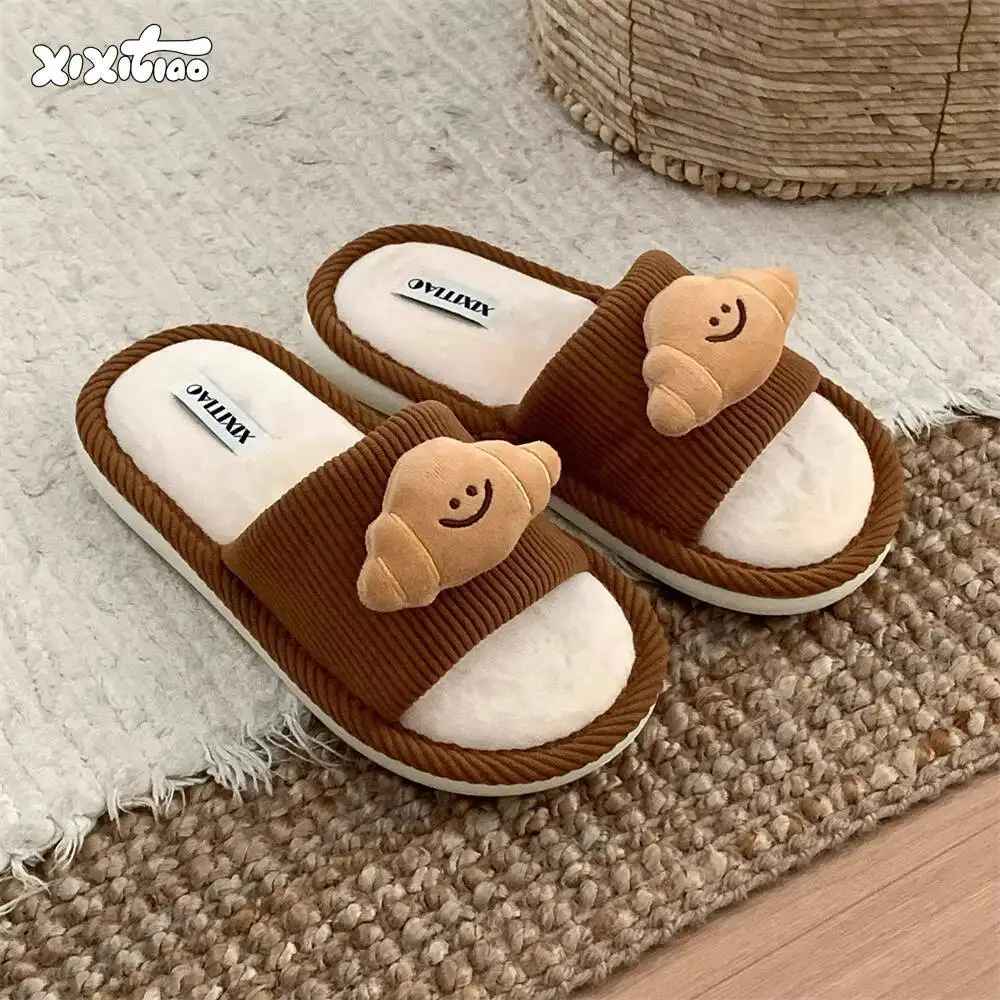 

Home Slippers 3D Croissant Cotton Slippers For Men Women 2025 Autumn Winter New Fun Cute Non Slip Indoor Household Slippers