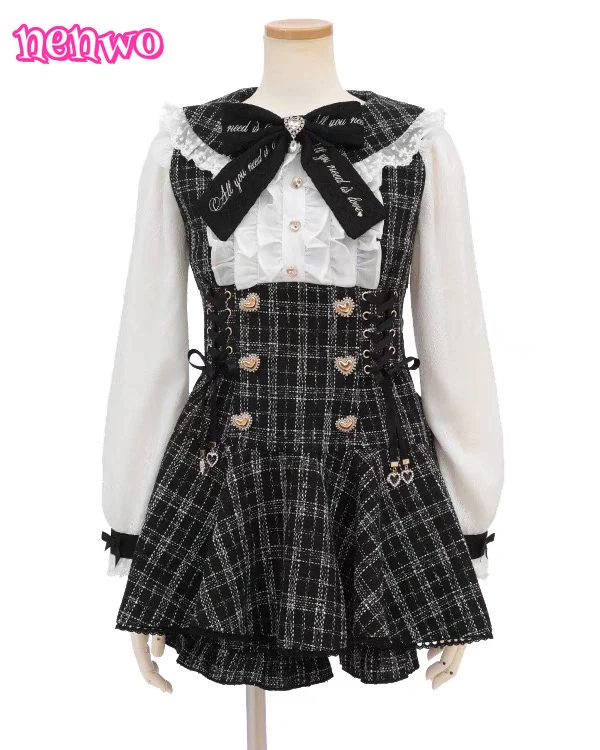 Robe et Short de Style gothique japonais avec nœud en strass pour femmes, ensemble chemise à carreaux en dentelle bouffante à manches courtes, tenues Lolita Y2k