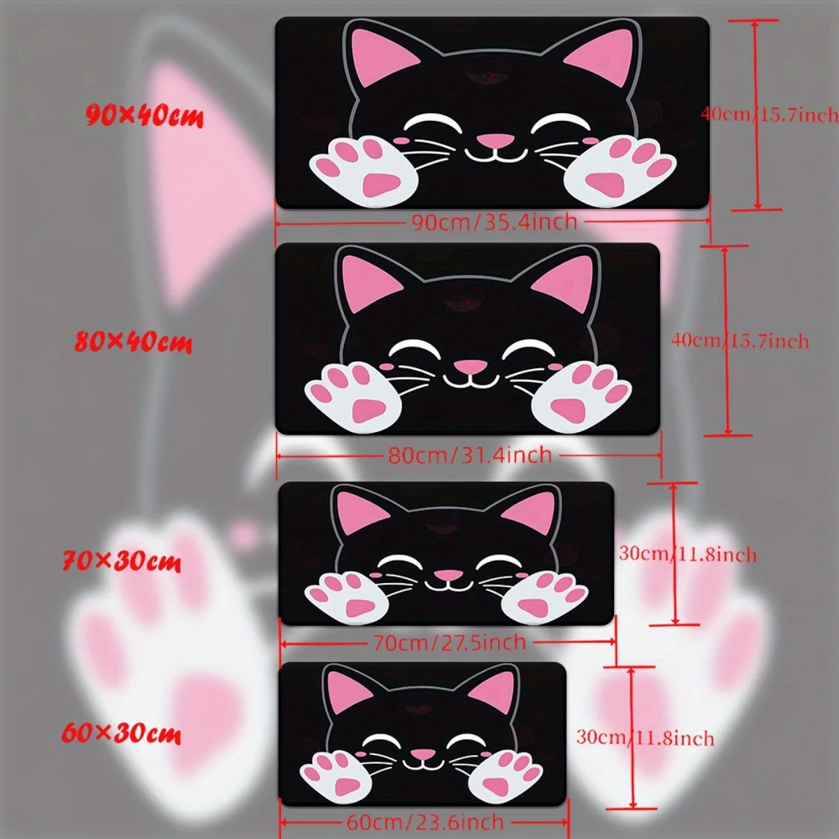 1 tapis de souris chat noir avec empreintes de pattes – Base en caoutchouc antidérapante, surface ultra lisse pour les jeux et le bureau, 31,5" x 11,6" ou 2