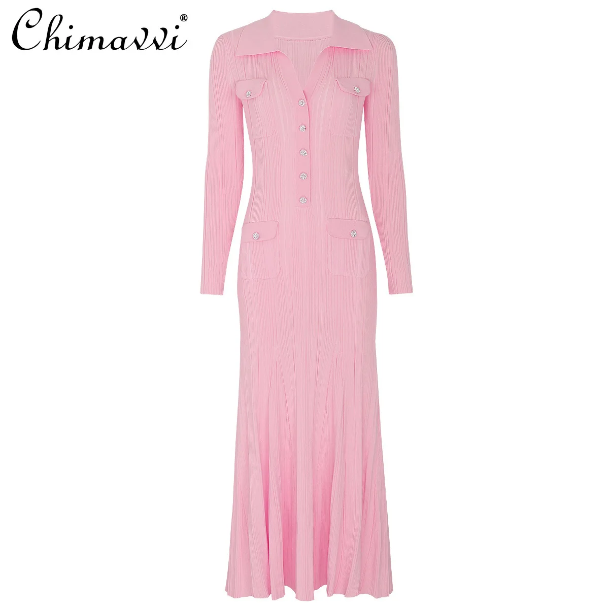 

Spring and Autumn New Fashion Long Sleeve Knitted Turn-Down Collar Slim Fit Mermaid Dress Women's Casual Elegant Long Dress