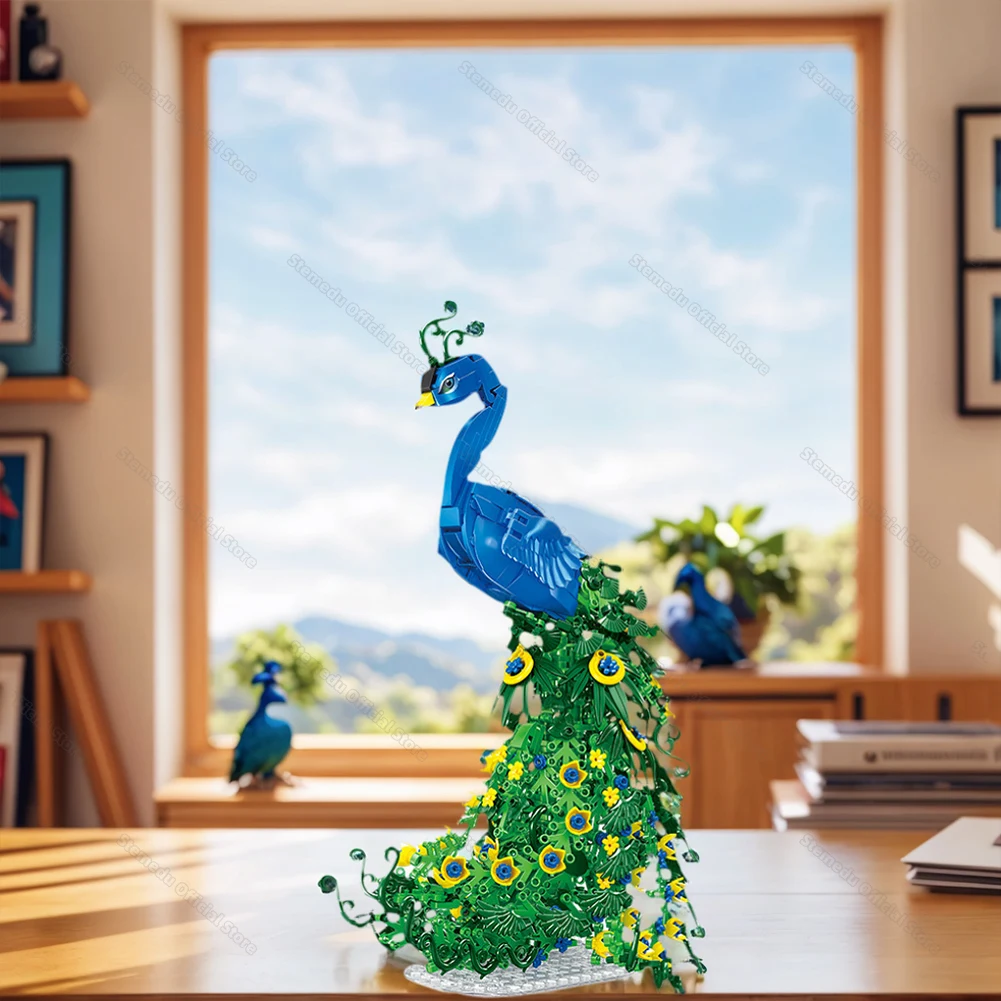 Flowery Peacock Nature Animal Small Particle Assembly Building Blocks Model Sets Ornaments Creative Bird Bricks for Living Room