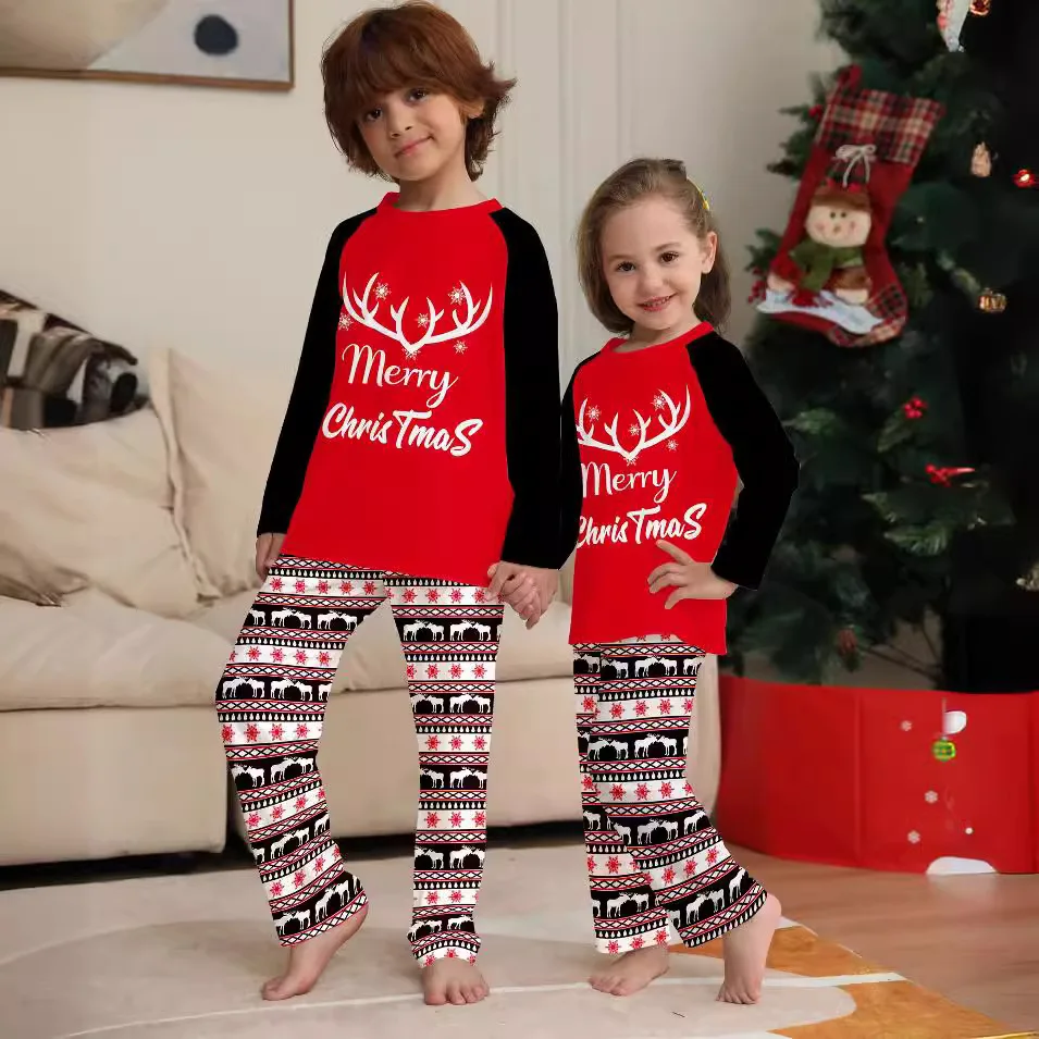 2024 autumn antler letter striped printed Christmas family matching color cartoon cute pajamas 2-piece family holiday home wear