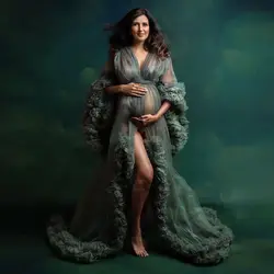 Classic Style Multi-layered Long Sleeve Open Front Maternity Dress for Photoshoot or Babyshower Party Gown for Pregnant Women