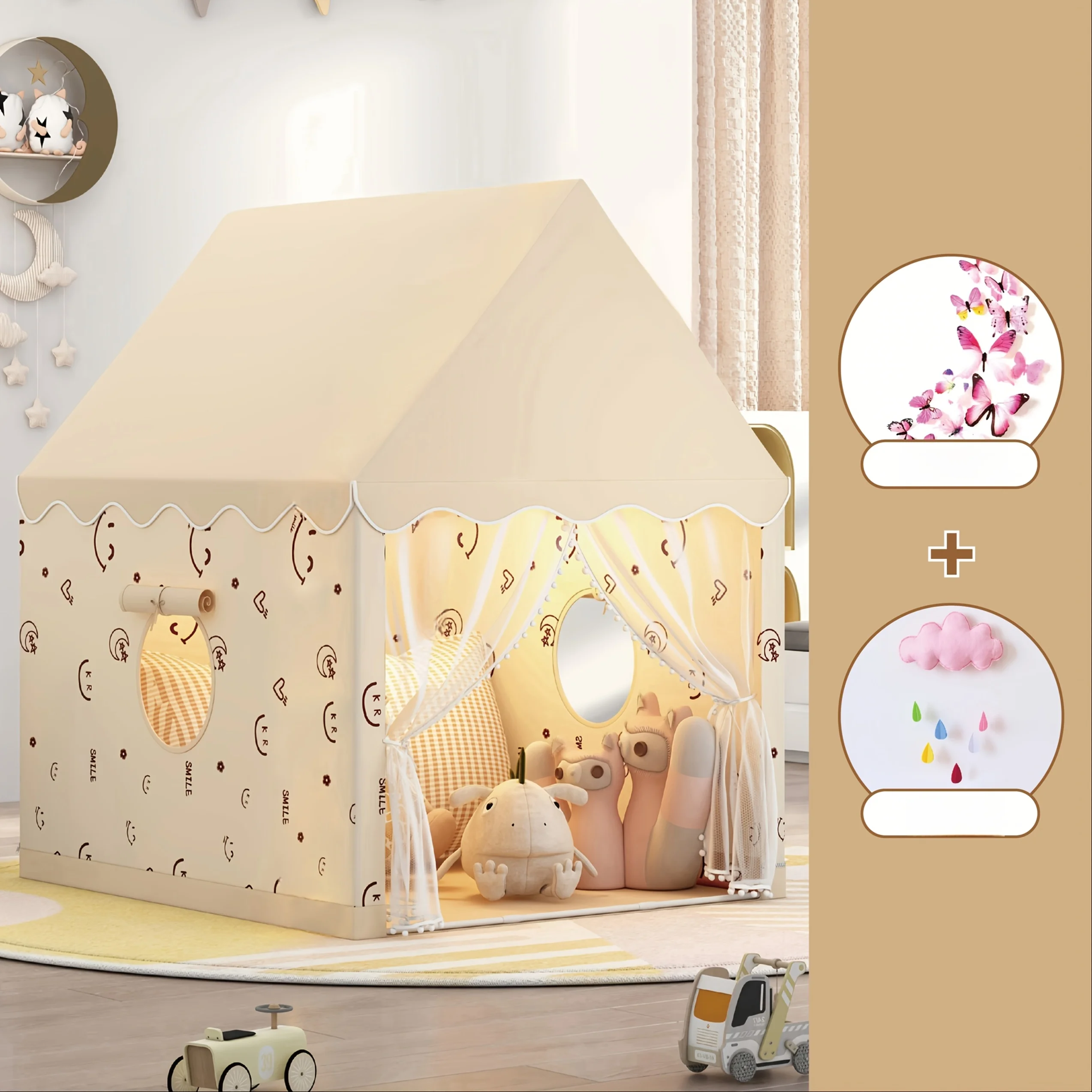 Tente de conte de fées princesse pour enfants, tente de jeu de Style chalet rose et Beige avec décor de papillon nuage, en Fiber synthétique, pour l'intérieur et l'extérieur