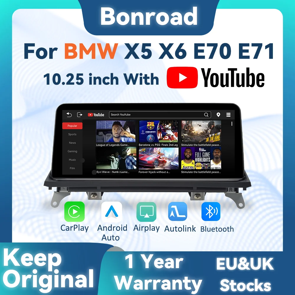 BONROAD 10,25 Zoll Wireless CarPlay Android Auto mit YouTube Airplay Android Auto Linux Autoradio-Monitor für BMW X5 X6 E70 E71 CCC CIC System GPS-Navigation Multimedia-Display Autoradio Touchscreen