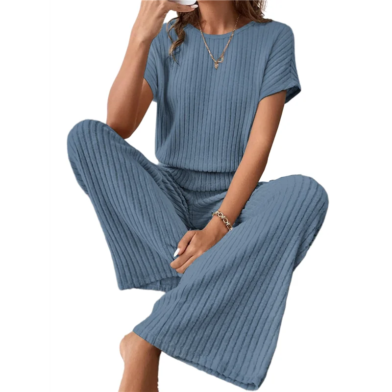 A83F-المرأة عادية الصيف السفر عطلة ارتداء قطعتين دعوى قصيرة الأكمام بنطال ذو قصة أرجل واسعة رداء غير رسمية الأزرق الداكن L