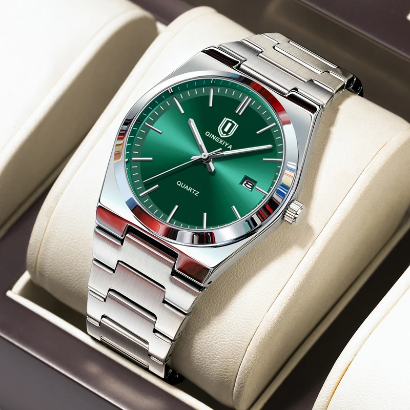 QINGXIYA ساعة فاخرة للرجل مقاوم للماء تاريخ مضيئة الفولاذ المقاوم للصدأ ساعة رجالية عادية كوارتز ساعات رجالية ساعة رجالية + صندوق