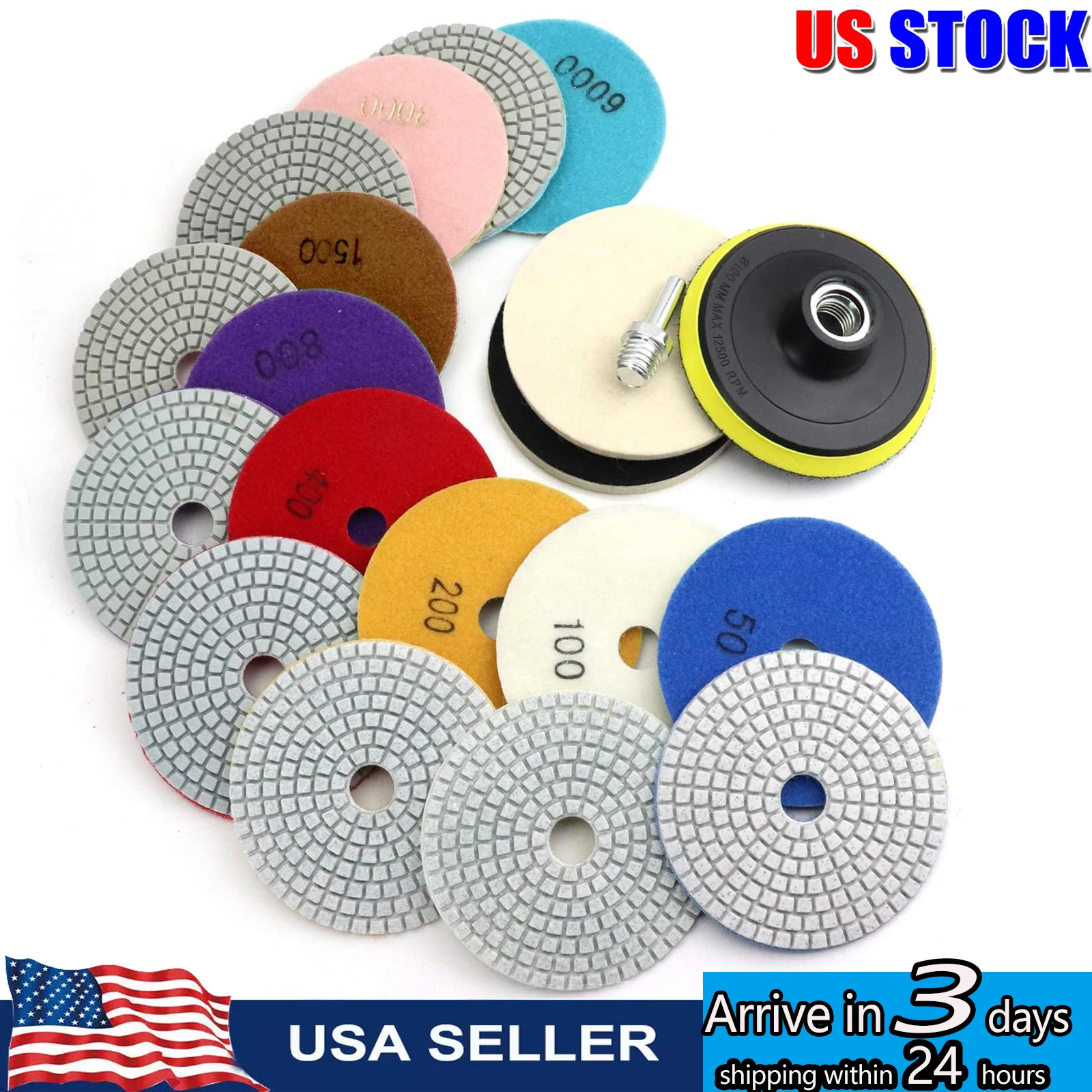 4 Inch Diamond Polishing Pads Wet/Dry Granite Stone 30-8000 Grit For Drill/Grinder/Polisher For Concrete Marble Stone Polishing