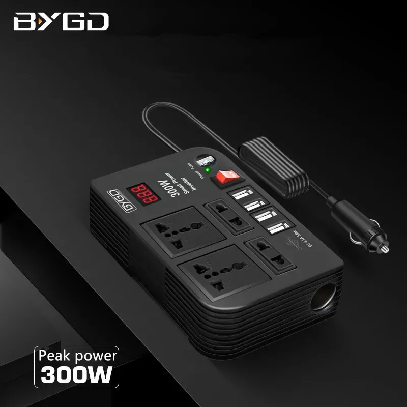 

BYGD 300W Car Inverter DC 12V to AC 220V Converter Outlets 4 USB Fast Charging Universal Socket Power Adapter Inverter