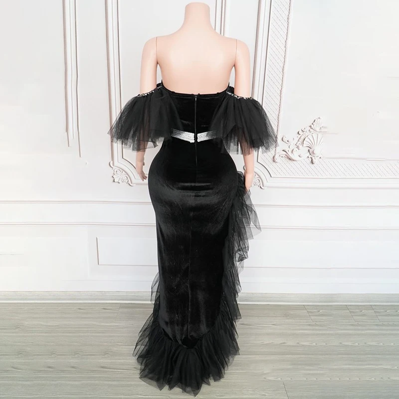 Women Singer Performance Party Dress Black Velvet Mesh Evening Dresses Bar Dj Ds Gogo Costume Stage Festival Outfit XS9234