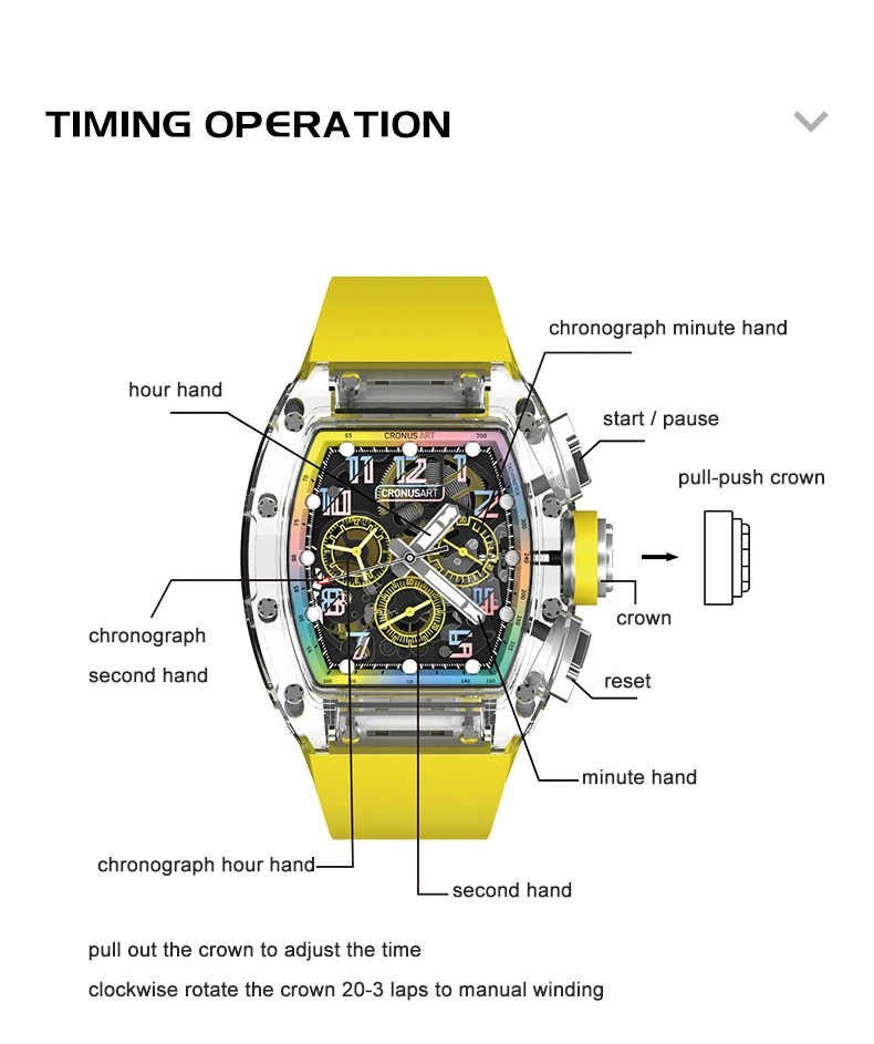 CRONUSART ساعة كرونوغراف للرجال 50 مللي متر Tonneau ساعة اليد الميكانيكية الياقوت حالة مضيئة فلوروروبر حزام كبير الثلاثي النوافذ