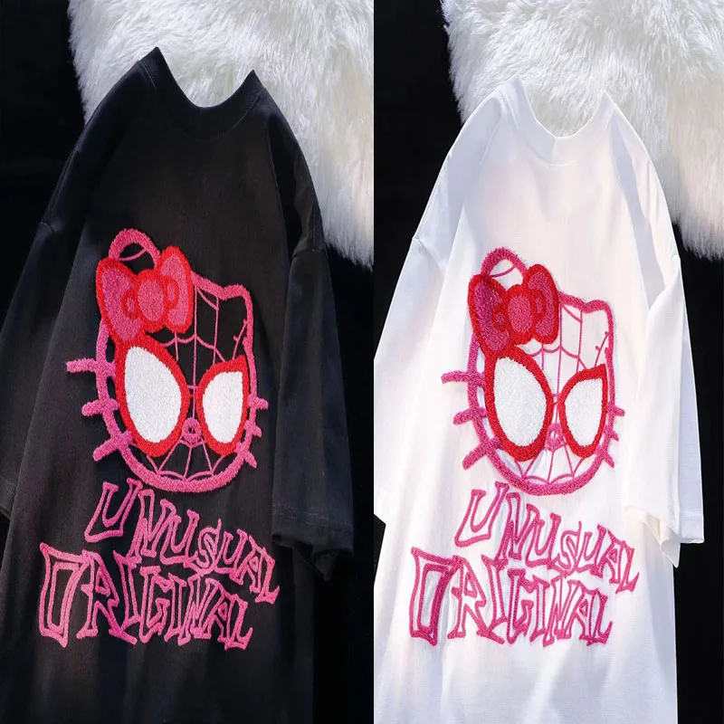 

New Hello Kitty Embroidery with Short Sleeves T-Shirt Ms 2024 Summer Kawaii Fashion Coat Girl Loose Cultivate Flow of The Tide