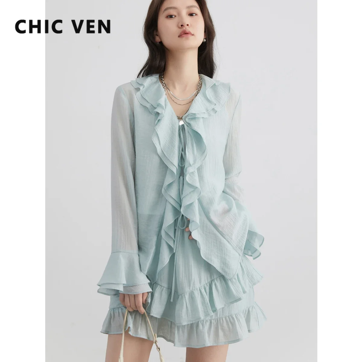 CHIC VEN Women Short Skirt Loose Casual New Lace Up Shirt Female Tops Slim Fit Hanging Strap Elastic Waist Skirt Set Summer 2024