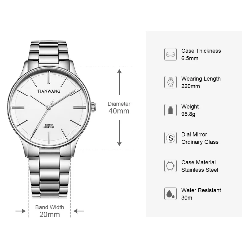 TIAN WANG Watches For Men High-end Quartz 40mm Dial Simple Wristwatches Stainless Steel Waterproof Gifts for Him reloj 손목시계