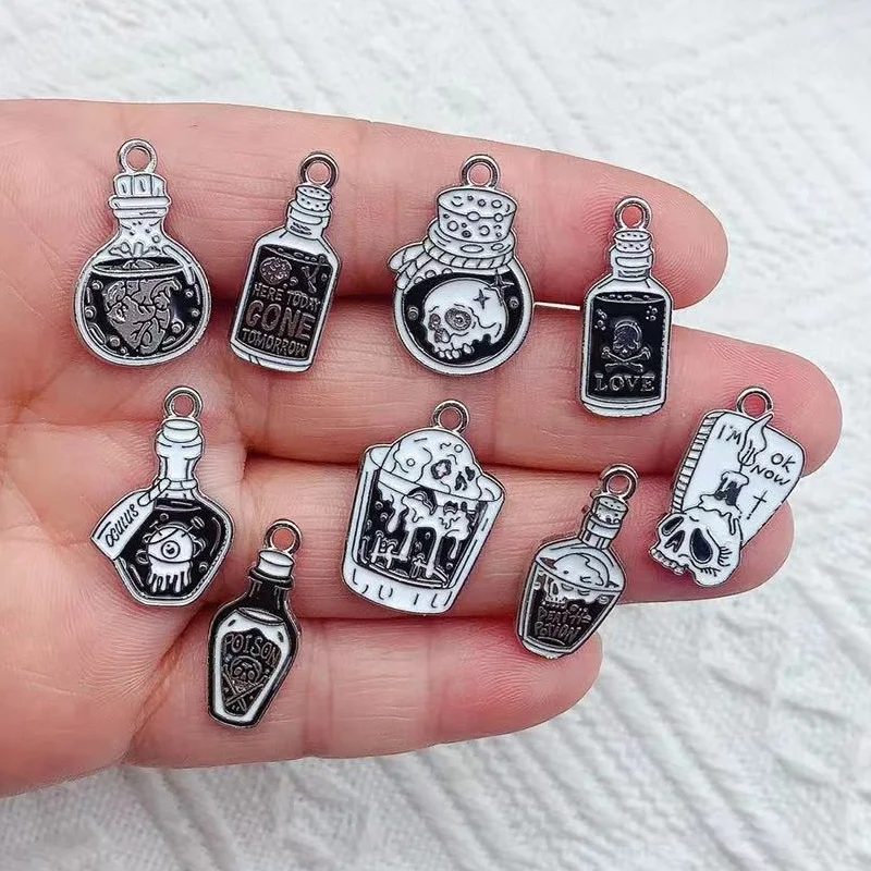 10pcs Halloween Gothic Death Skull Enamel Poison Bottle Brain Love Poison Charms Fit Jewelry Making Earring Bracelet DIY Finding