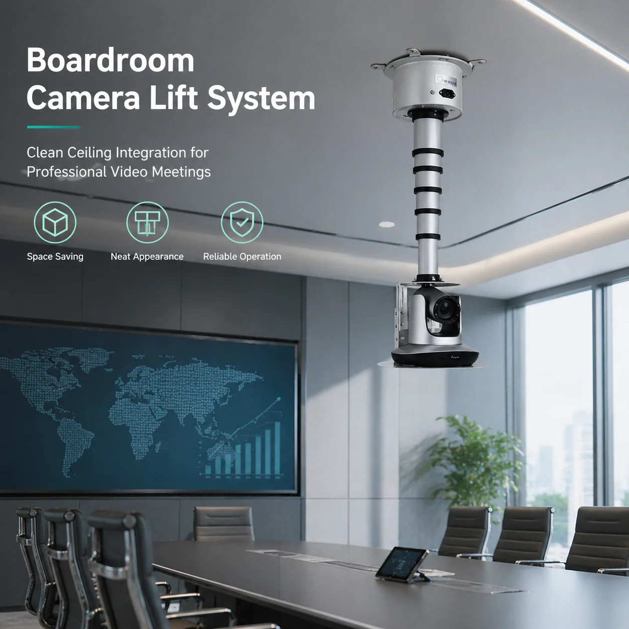 Custom AV Solution Ultra-Silent Motorized Ceiling Lift Conference Projector Meeting Rooms Cold Rolled Steel Remote Control