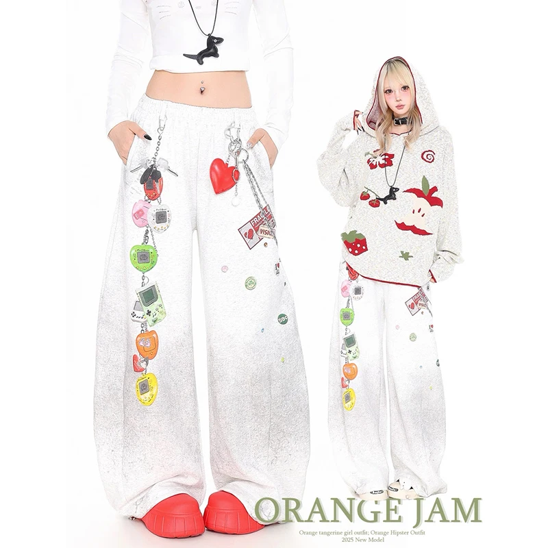 

YIBASHU American Retro Graffiti Printed Curved Knife Sports Pants Women's Autumn Winter Design Sense Hip-hop Gray Wide Leg Pants