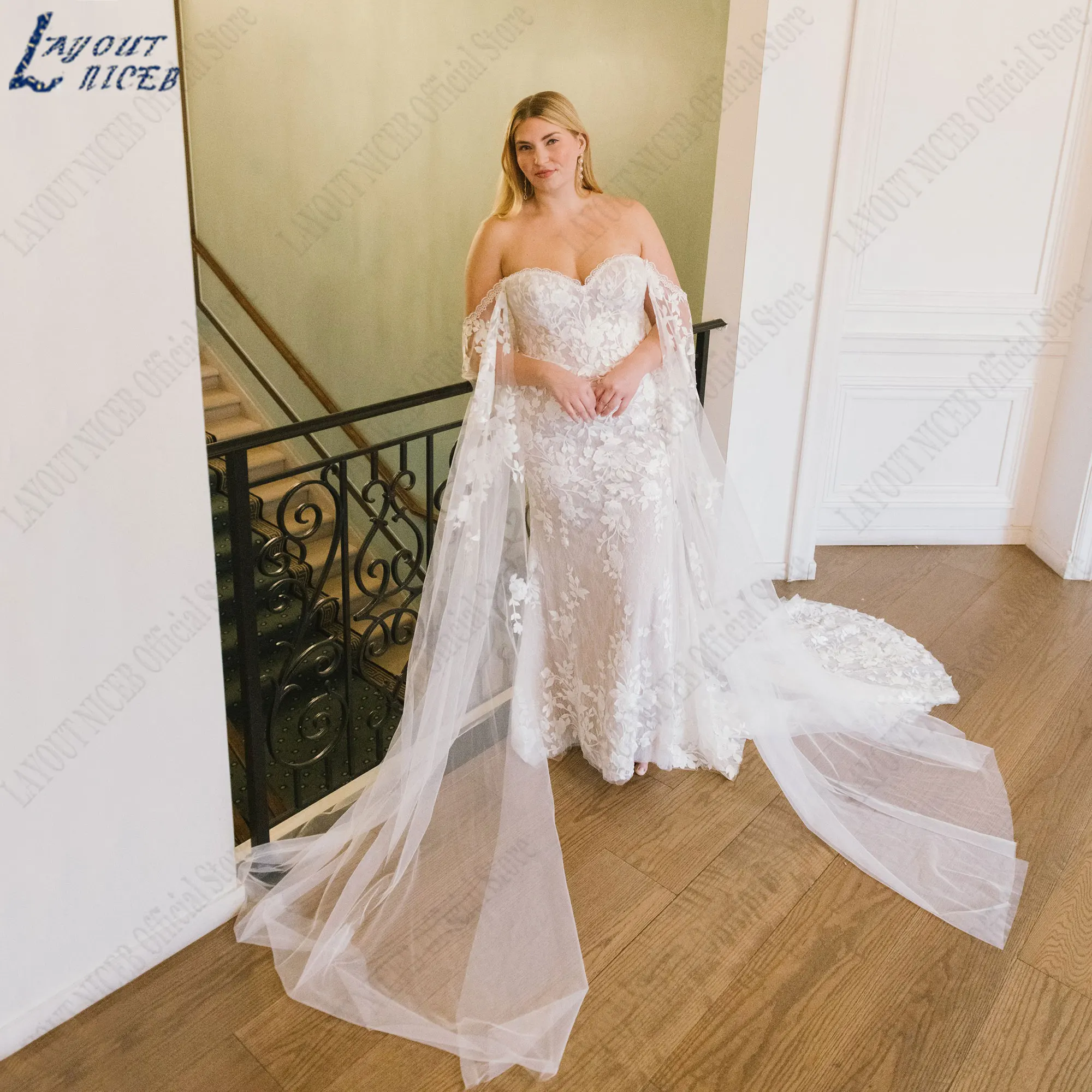 LAYOUT NICEB Off Shoulder Mermaid Wedding Gown Plus Size Appliques Bride Dresses Full Sleeve Backless Tulle vestido de casamento