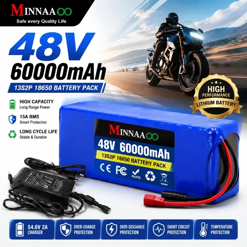 MINNAAOO 48V 60000mAh 13S2P Li-ion Battery Pack with 54.6V Charger for Electric Bike Bafang 1000W
