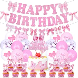 Pink Bow Girl Birthday Themed Party Decoration Bow Banner Garland Cake Topper Latex Balloon Coquette Girls Birthday Party Decor