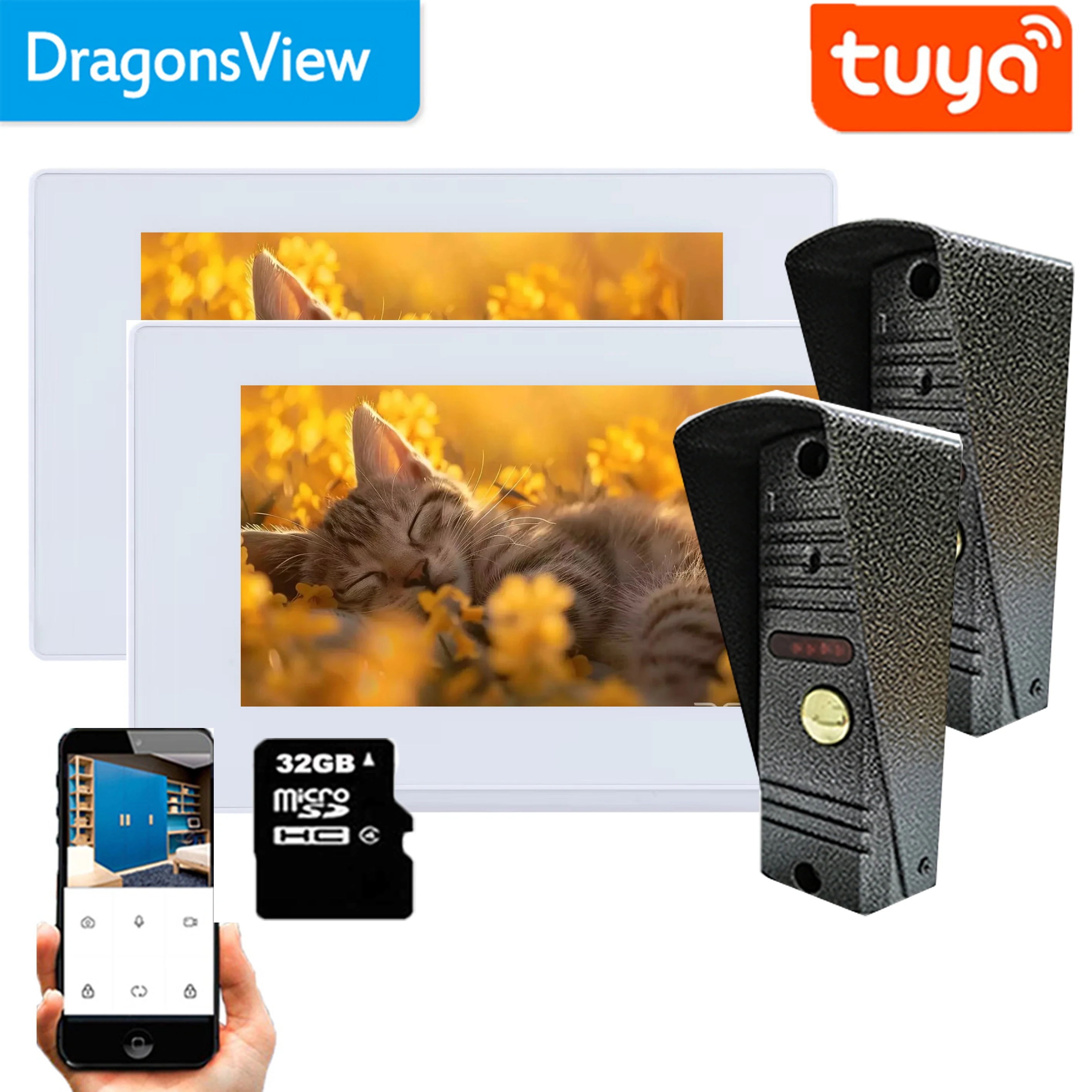 Dragonsview 1080P Tuya Wifi Wireless Video Door Phone System 2 Screen 7 Inch Home Intercom With Camera 4 Wires Record Motion IR