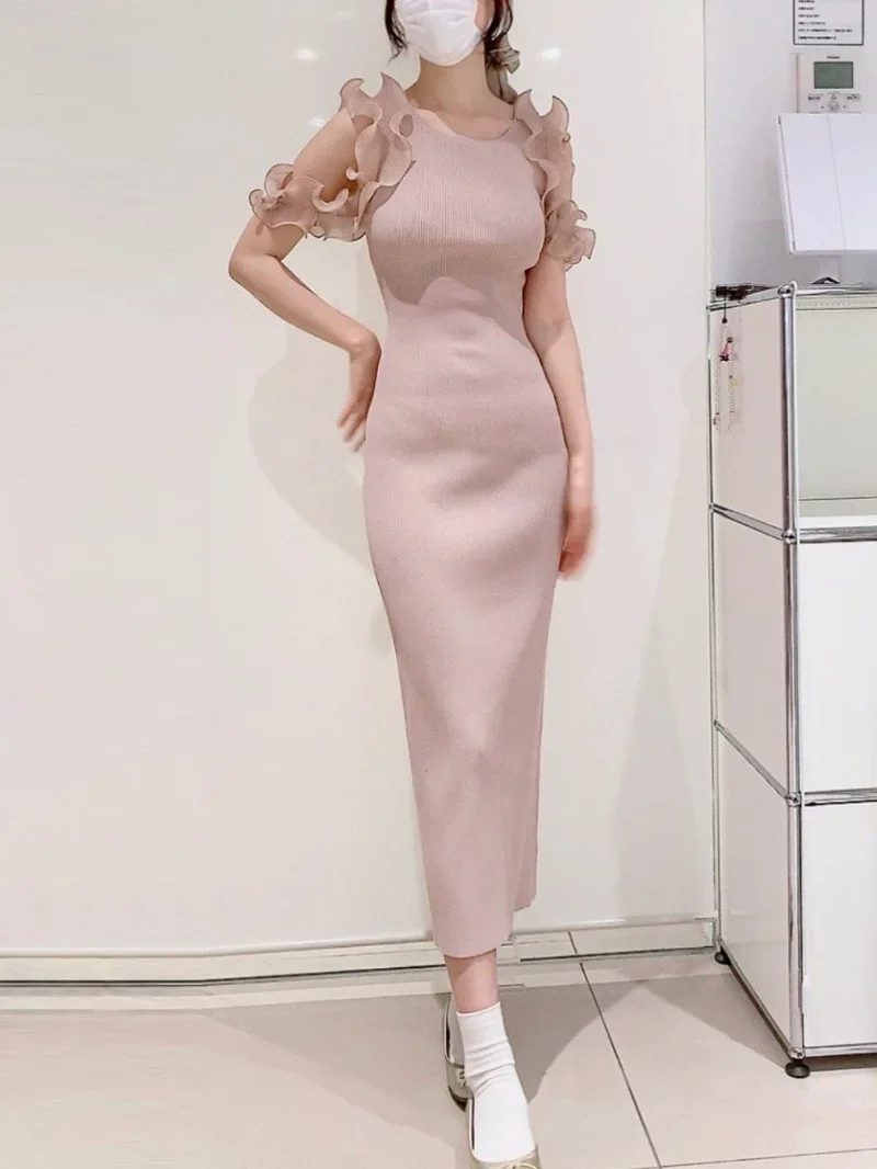 Kuzuwata Japan Wood Ear Edge Spliced Knitted Robe Slim Fit Off Shoulder Women Dresses 2024 Summer Wrapped Hip Stretch Vestidos