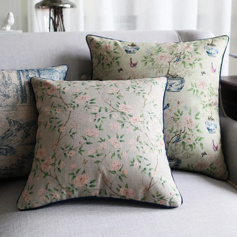 [Only Pillowcase] Green Living Room Sofa Retro French Style Bed Pillow Jacquard Cushion with Core Pillowcase