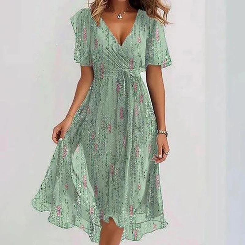 Spring Floral Print Chiffon Women Dresses Elegant V Neck Draped A-Line Party Dress Summer Short Sleeve High-waist Office Dresses