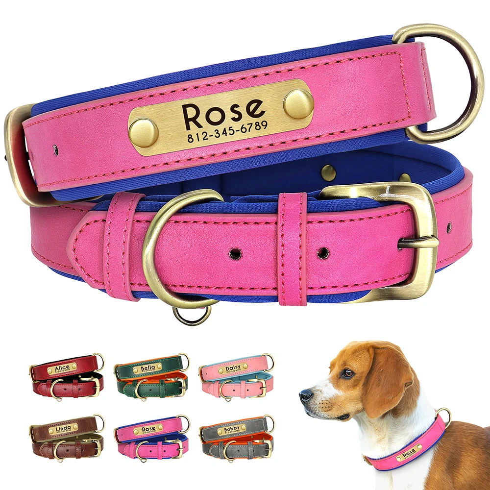 Collares personalizados de cuero PU para perros pequeños, medianos y grandes, identificación de mascotas, placa de identificación grabada gratis,