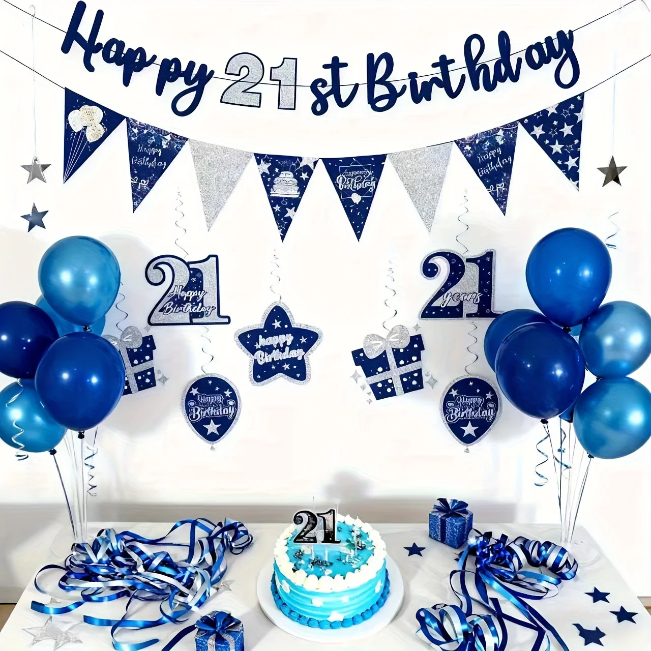 28pcs Mixed 21st Birthday Party Decorations Set - Lavender Blue Triangle Bunting Flags Streamers And Hanging Decorations for Ind