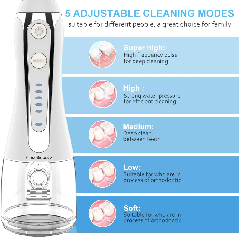 Irrigateur buccal Portable, Rechargeable par USB, 5 Modes de blanchiment des dents, Jet d'eau dentaire, réservoir d'eau de 300ml, IPX7 étanche
