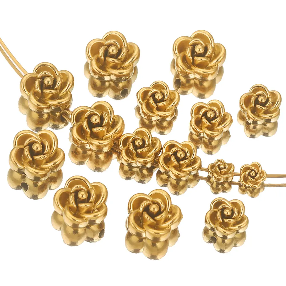 10PCS 5/8/10mm Stainless Steel Rose Flower Charm Spacer Beads PVD Gold Plated Metal Necklace Bracelet Jewelry Making Wholesale