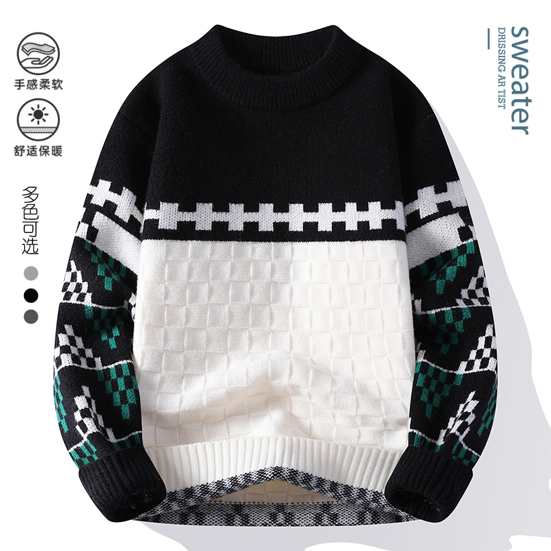  Color Blocked Trendy High Street Style Fashionable Knitted Sweater Men's Pullover Warm Autumn Winter Elegant Commuting Tops 