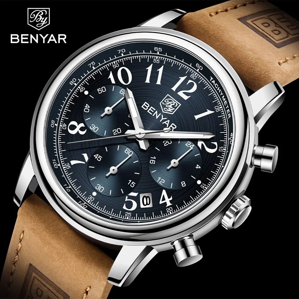 BENYAR New Sports Men Watch 50ATM Waterproof Leather Military Watches Top Brand Luxury Men Quartz Wristwatches Reloj Hombre
