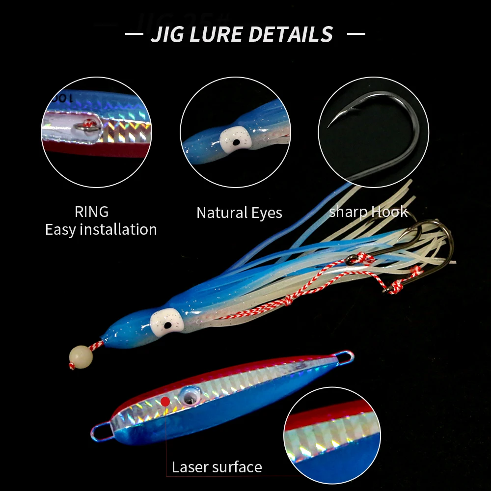 Inchiku Metal Jig Head Lure 80g 100g 120g 150g 180g 200g Luminous Squid Hook Soft Sinking Saltwater Spinning Fishing MarlinLure