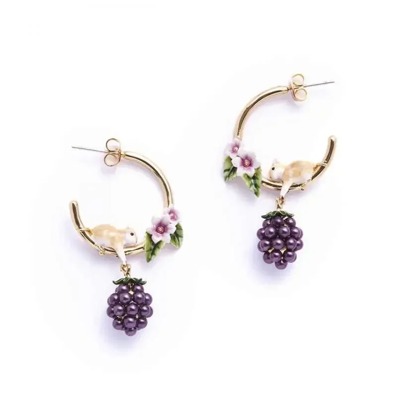 2026 Hand Drawn Fairy Tale Enamel Cute Hamster Pearl Blackberry Flower Earrings for Women