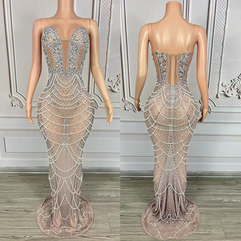 

Evening Dress Pearl Chain Diamond Strap Trailing Dress Nightclub Bar Dj Performance Stage Costumes Drag Queen Clothes DN20939