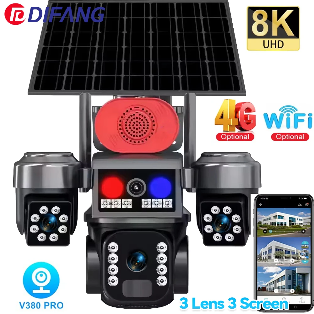 

V380 Pro WiFi Wireless Solar Camera Outdoor Triple Screen 4G Sim Card Solar IP Camera 720° Security Protection 8K 12MP Solar Cam