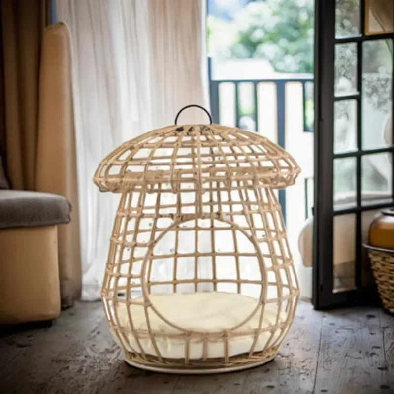 Handmade wicker cat bed basket Steel wire frame pet house nest with cushion, suitable for puppies or cats Animal pattern, suitab