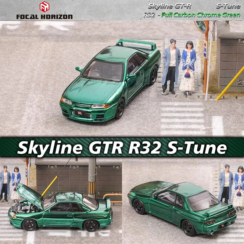 PreSale FH 1:64 Skyline GTR R32 S Tune Full Carbon Chrome Green Diecast Diorama Car Model Collection Miniature Toy Focal Horizon