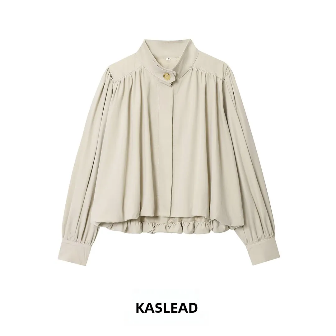 

KASLEAD New Women's Faion Street Sle High Collar Pleated Versatile Simple ort Coat Polyester Fiber Long Sve Autumn O...