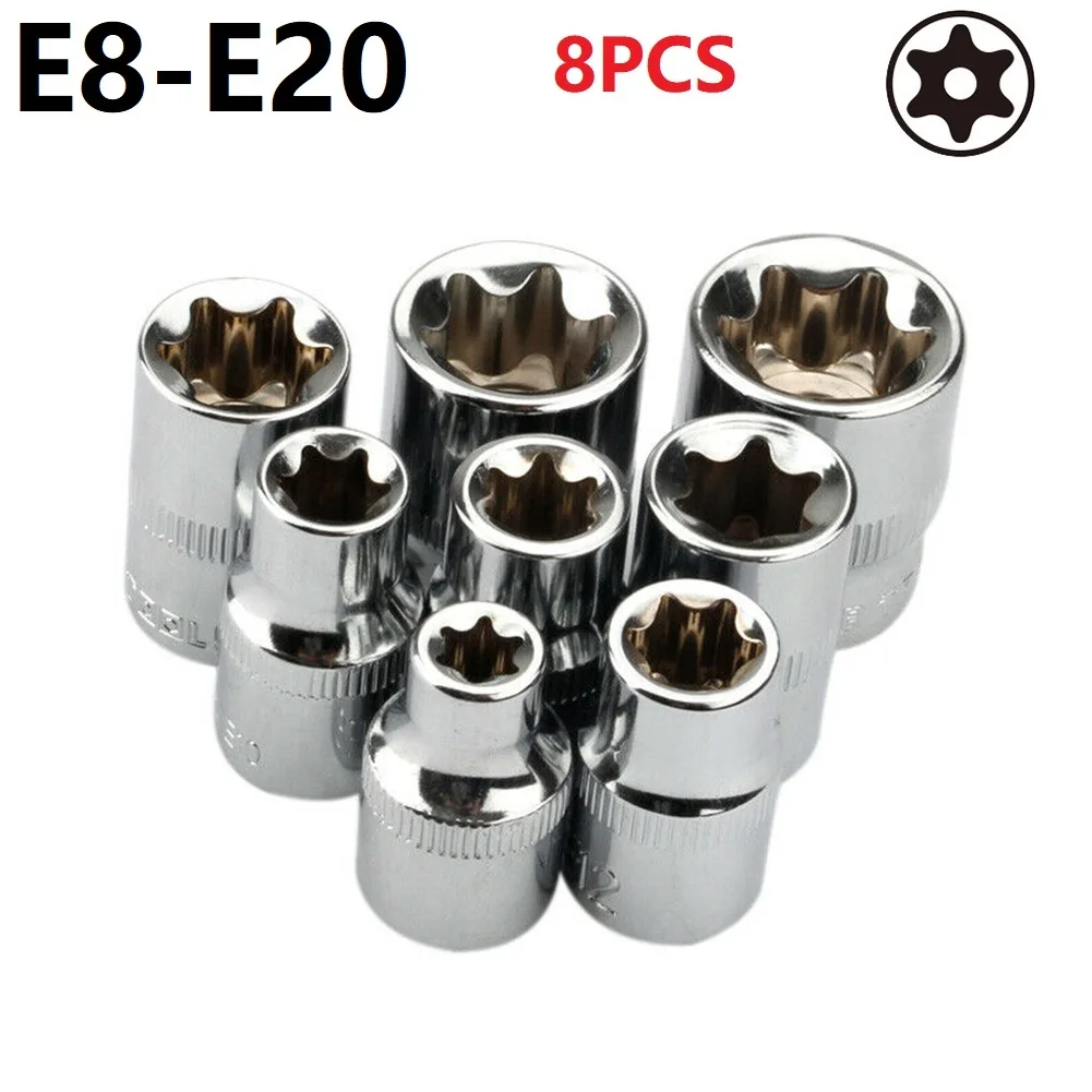 

8pcs 3/8 Inch Drive Torx Star Socket Wrench Head E8-E20 Nut Removal Hand Tool Slotted Ratchet Extension Drive Locks Repair Tools